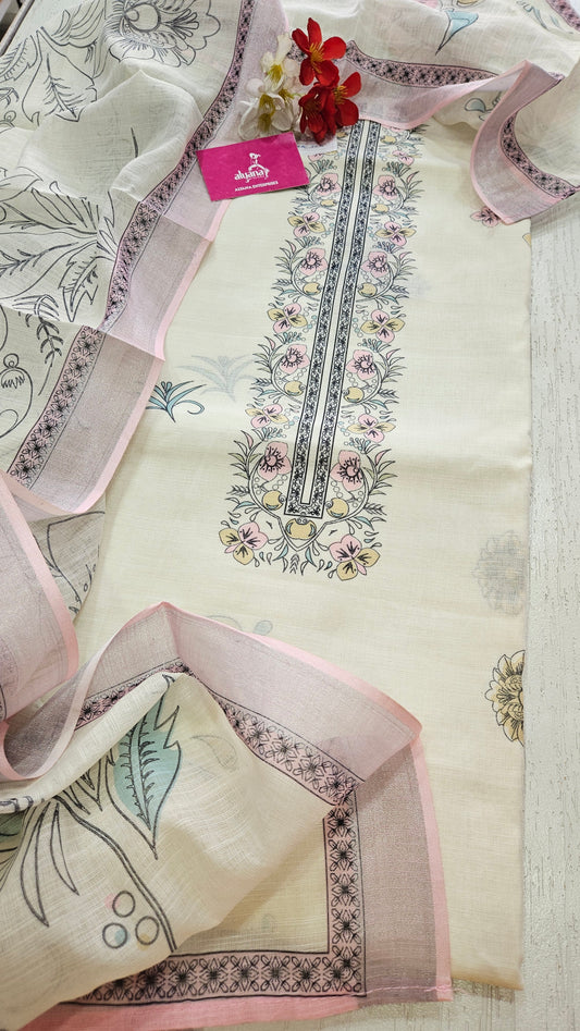 ABC 7091 LINEN UNSTITCHED SUIT (Pink Shimmer border)
