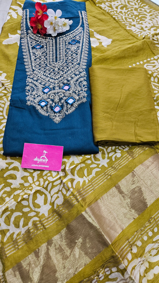 Bhakti Jaam Satin Unstitched Suit (Blue)