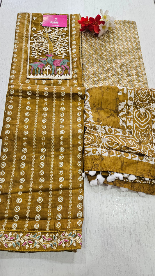 Saaho Cotton Unstitched Suit (mustard)