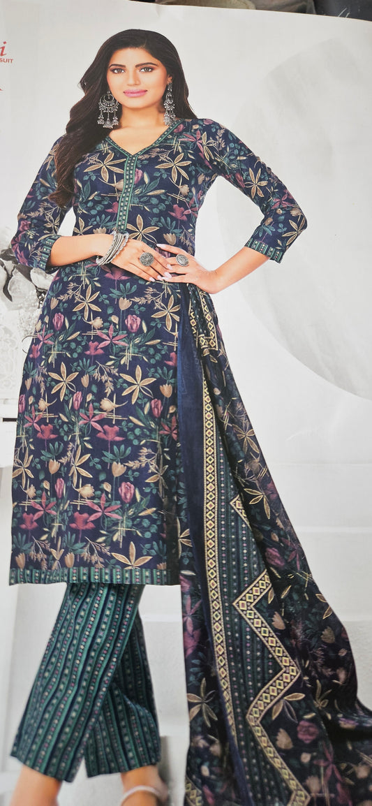 Ganpati Bella Cotton Stitched 3-Piece Suit Set – Dark Blue (XXL)