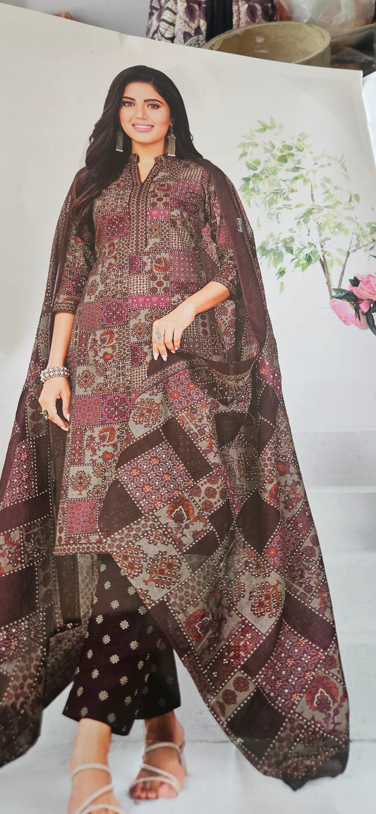 Ganpati Bella Cotton Stitched 3-Piece Suit Set - Maroon (XXL)