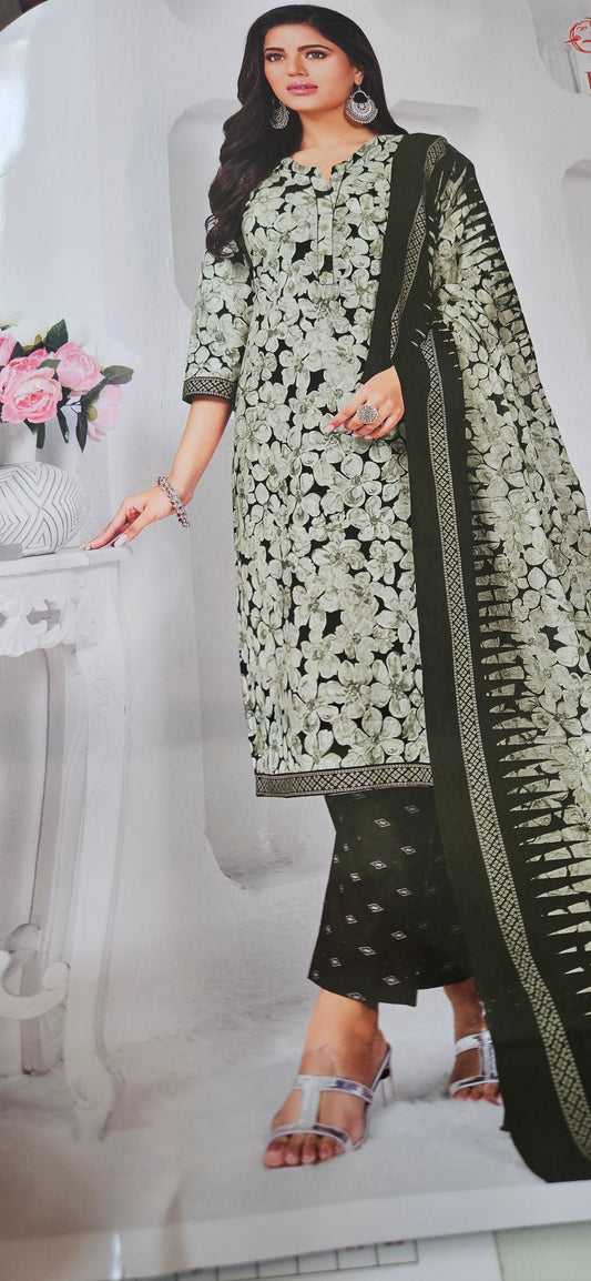 Ganpati Bella Cotton Stitched 3-Piece Suit Set – Olive Green (XXL)
