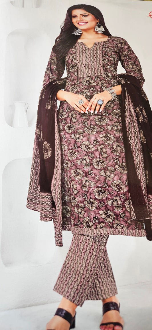 Ganpati Bella Cotton Stitched 3-Piece Suit Set - Mauve color (a dusty pink-purple shade) (XXL)