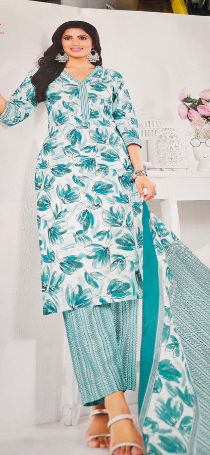 Ganpati Bella Cotton Stitched 3-Piece Suit Set – Turquoise (XXL)