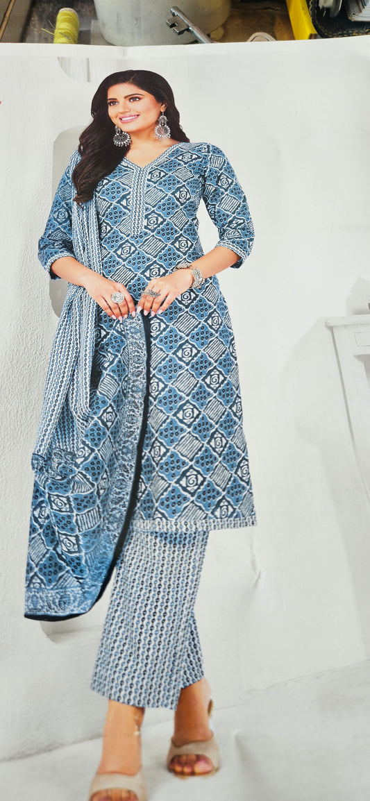 Ganpati Bella Cotton Stitched 3-Piece Suit Set – Blue (XXL)