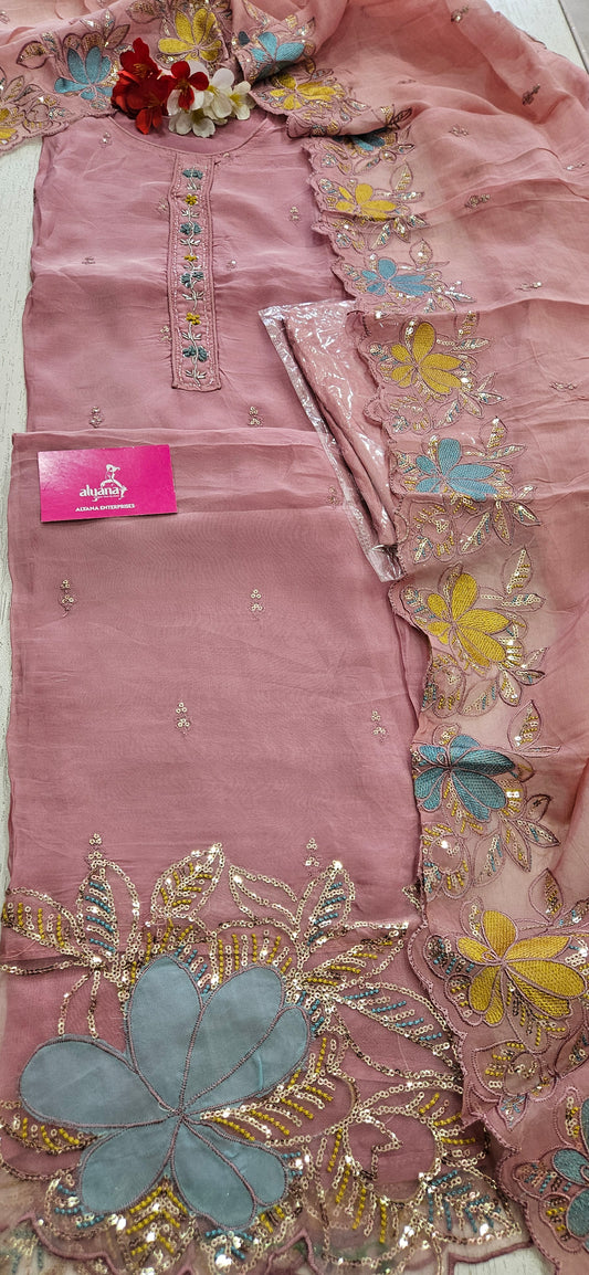 MG Aasman Viscose Organza Designer 3-Piece Unstitched Suit (Pink)