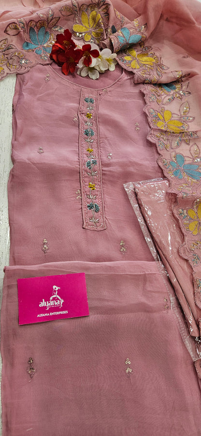 MG Aasman Viscose Organza Designer 3-Piece Unstitched Suit (Pink)