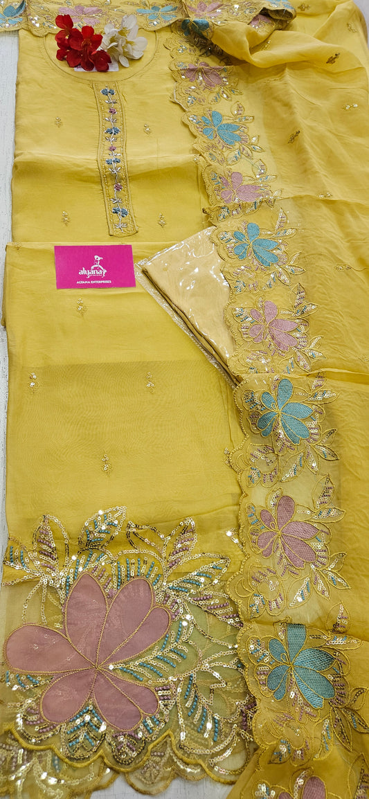 MG Aasman Viscose Organza Designer 3-Piece Unstitched Suit (yellow)