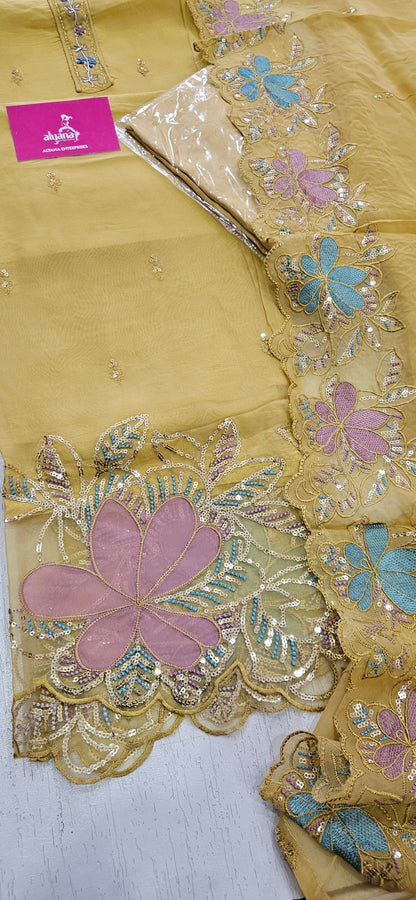 MG Aasman Viscose Organza Designer 3-Piece Unstitched Suit (yellow)