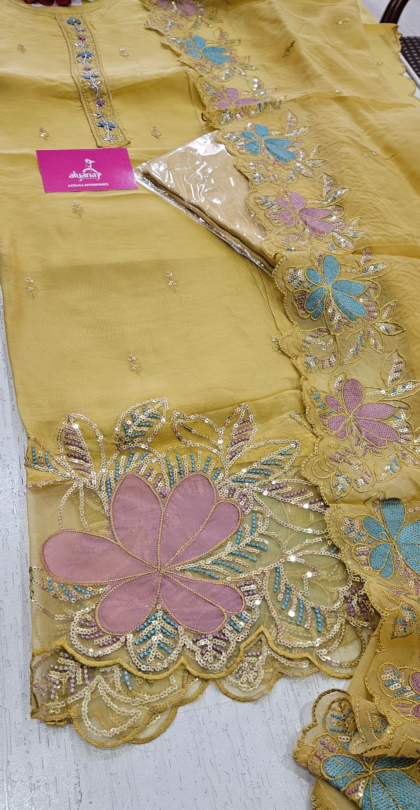 MG Aasman Viscose Organza Designer 3-Piece Unstitched Suit (yellow)