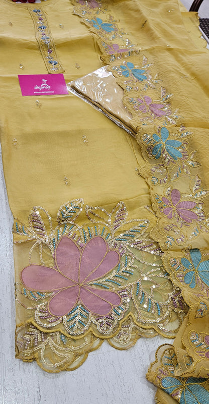 MG Aasman Viscose Organza Designer 3-Piece Unstitched Suit (yellow)