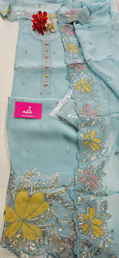 MG Aasman Viscose Organza Designer 3-Piece Unstitched Suit (blue)