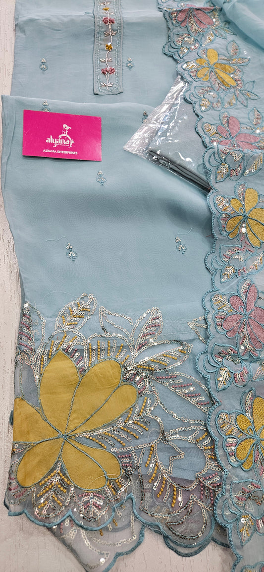 MG Aasman Viscose Organza Designer 3-Piece Unstitched Suit (blue)