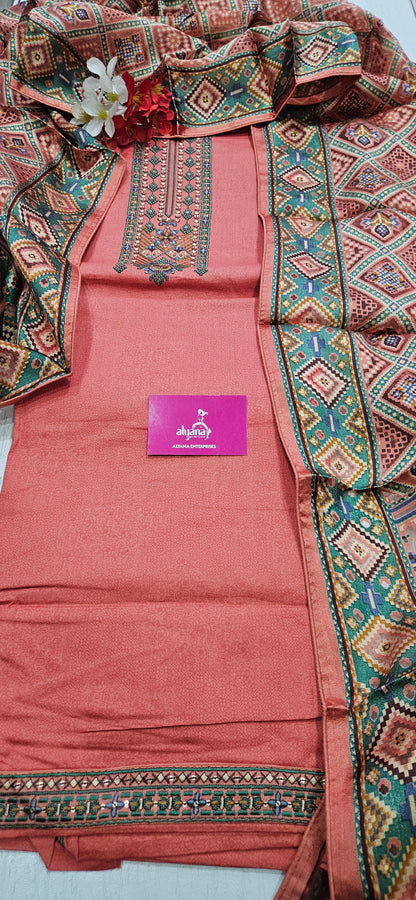Karachi Patola Jaam Silk Unstitched Suit – Coral Red