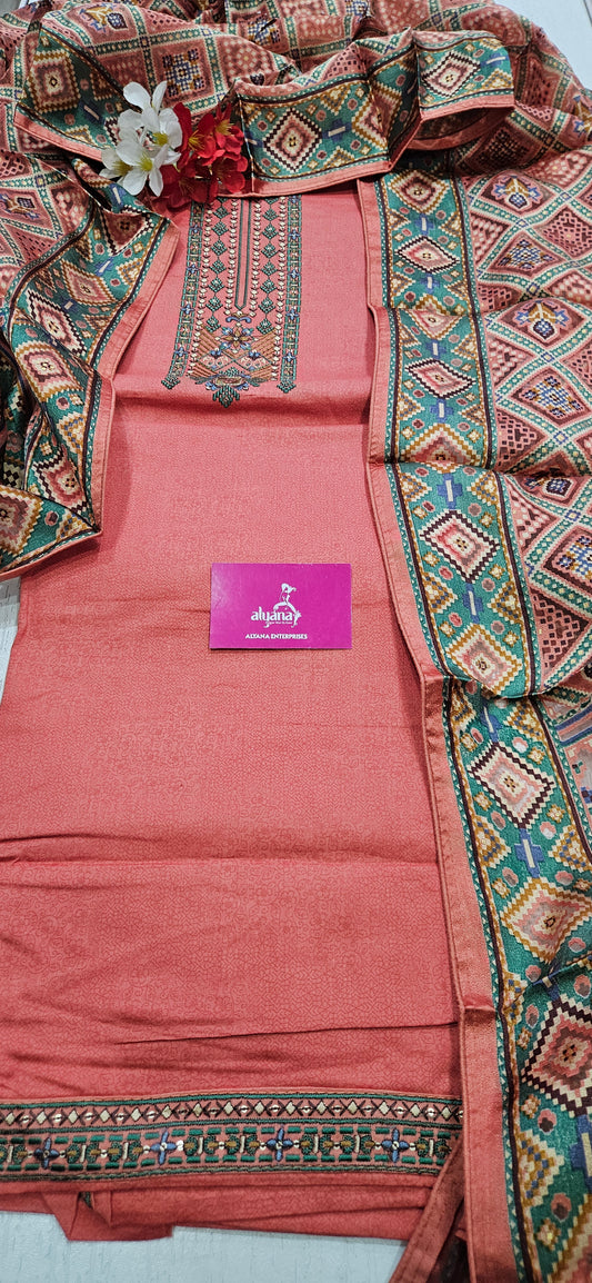 Karachi Patola Jaam Silk Unstitched Suit – Coral Red