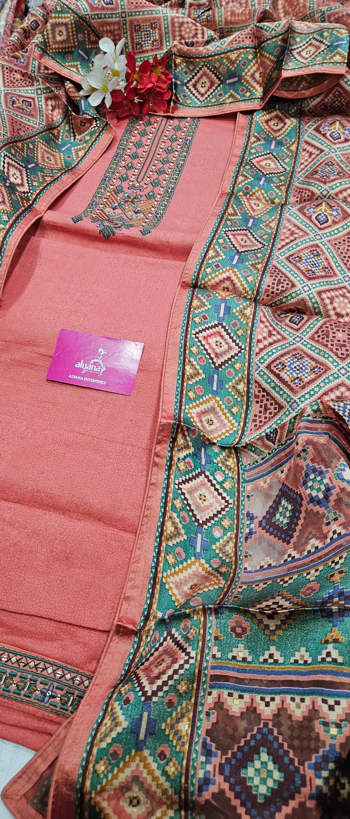 Karachi Patola Jaam Silk Unstitched Suit – Coral Red