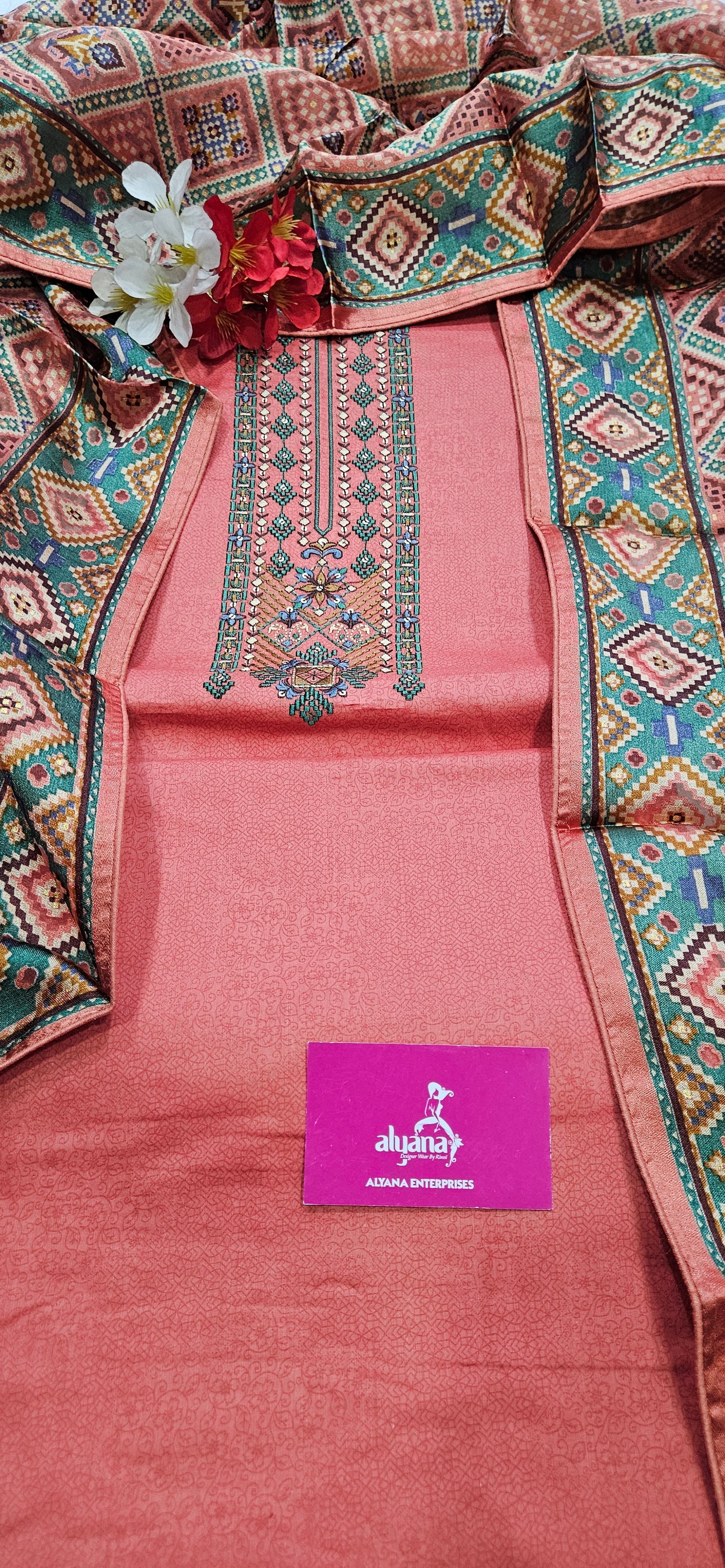 Karachi Patola Jaam Silk Unstitched Suit – Coral Red