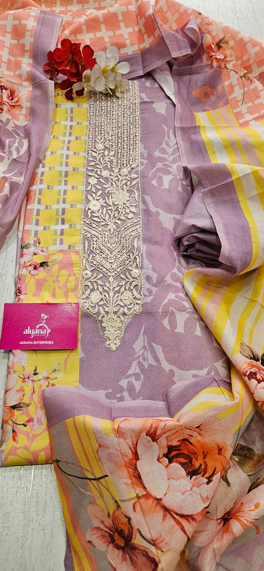 Hues Pure Lawn Cotton Unstitched Suit (Lavender)