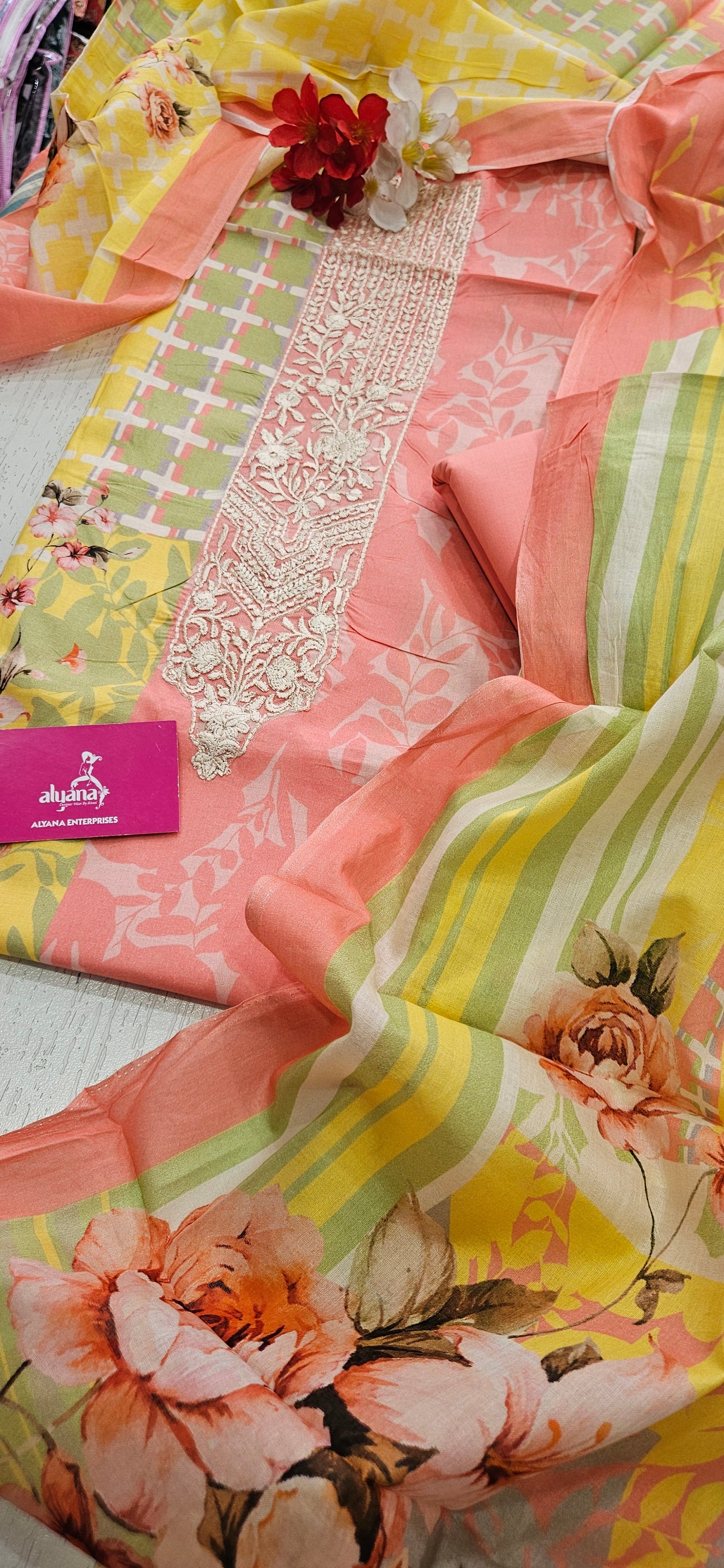 Hues Pure Lawn Cotton Unstitched Suit (Peach)