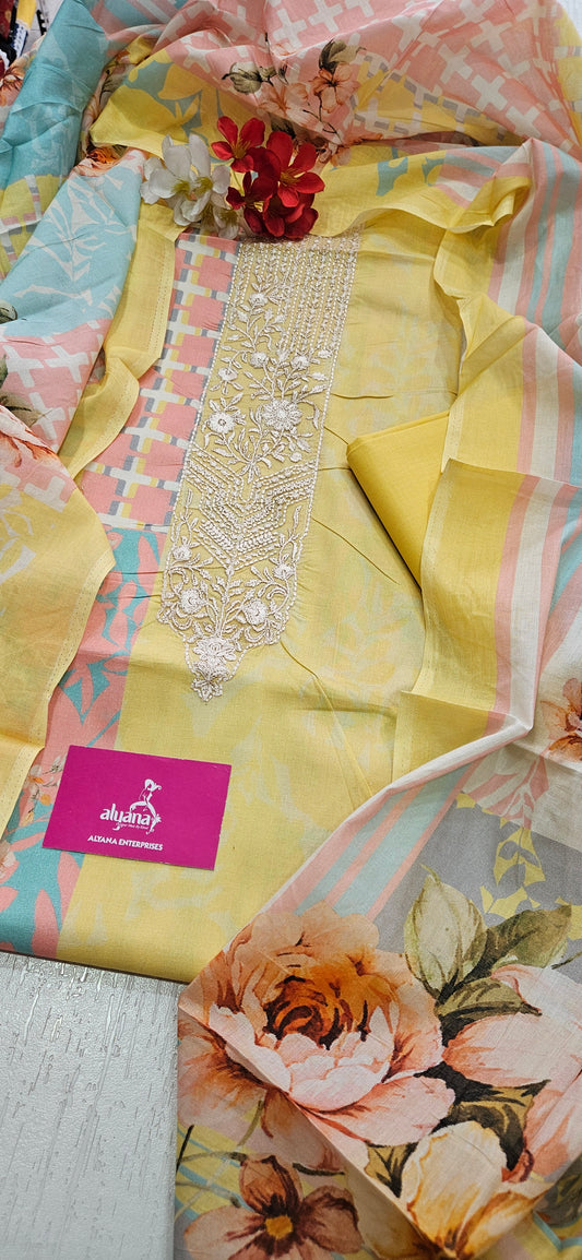 Hues Pure Lawn Cotton Unstitched Suit (Yellow)