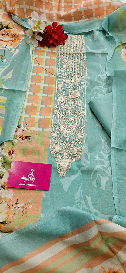 Hues Pure Lawn Cotton Unstitched Suit (Turquoise)