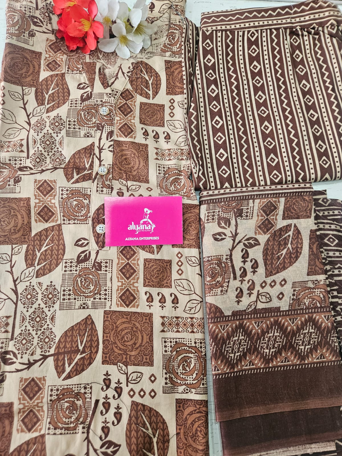 Ganpati Bella Cotton Stitched 3-Piece Suit Set - Brown (XXL)