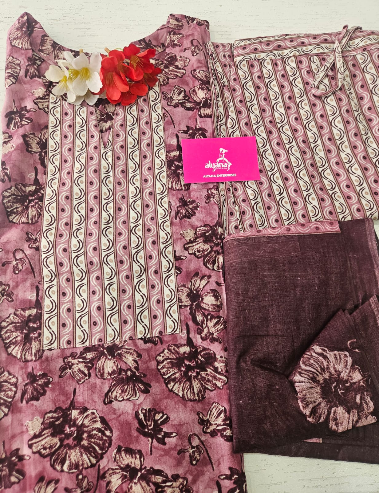 Ganpati Bella Cotton Stitched 3-Piece Suit Set - Mauve color (a dusty pink-purple shade) (XXL)