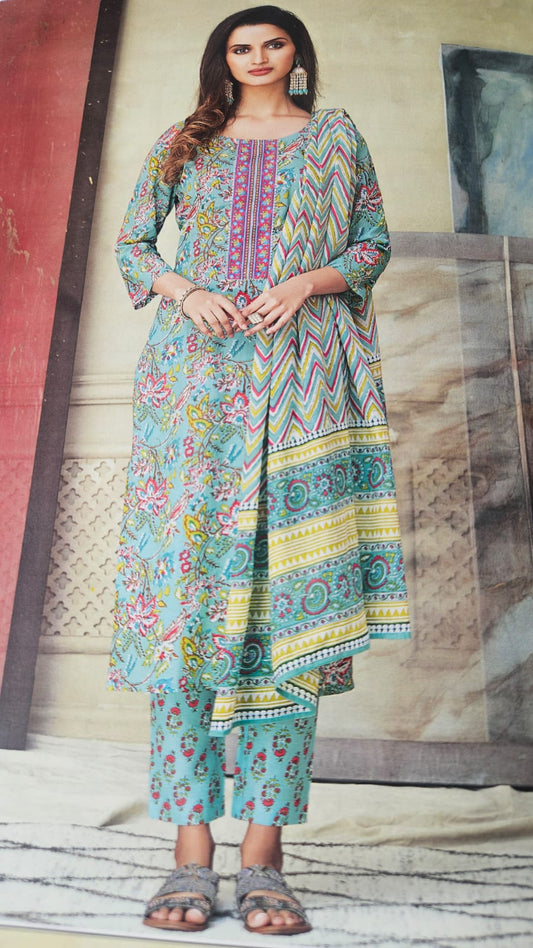 Tzu Bliss 3-Piece Stitched Suit Set – Cyan blue (L Size 40)