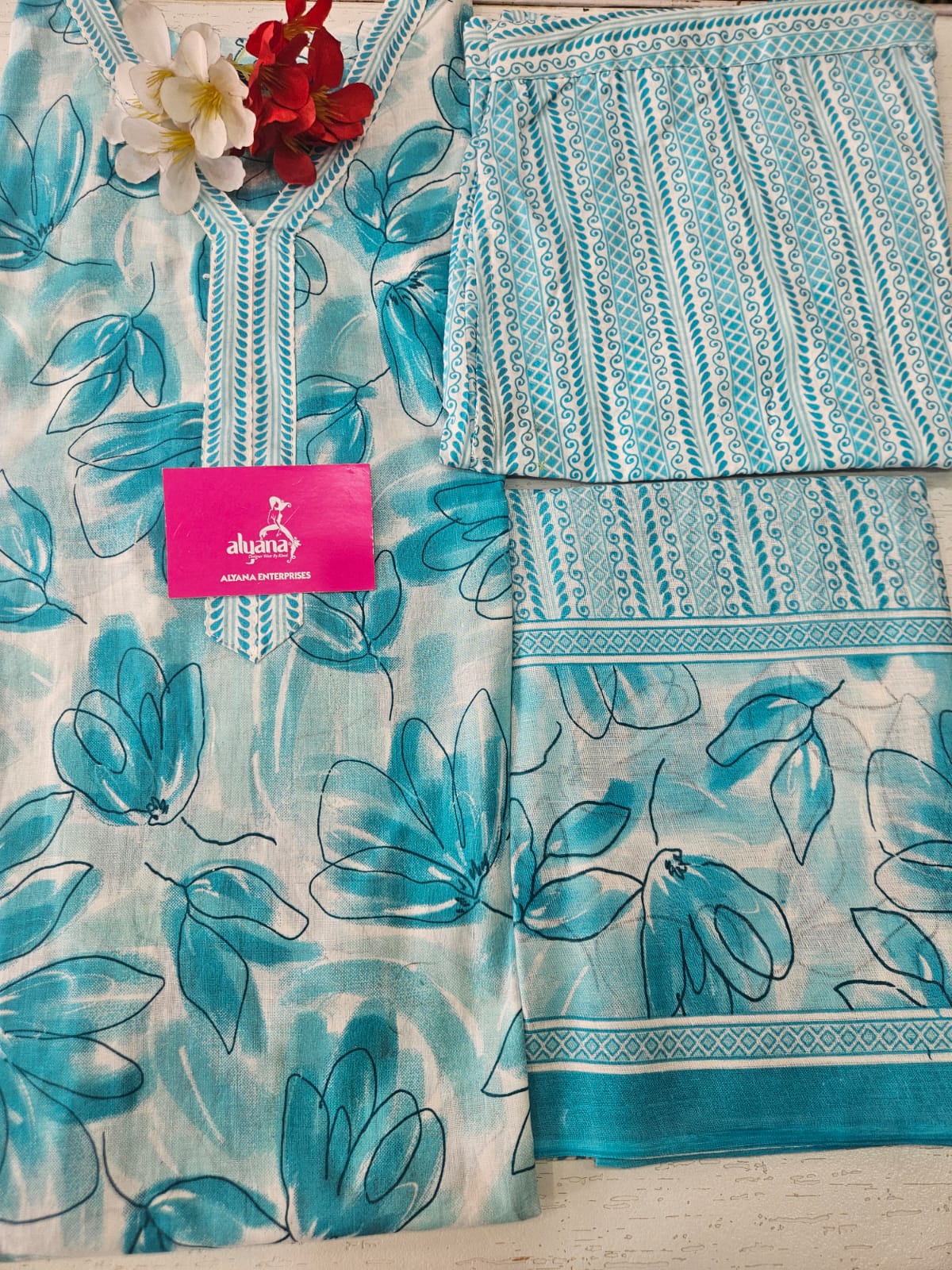 Ganpati Bella Cotton Stitched 3-Piece Suit Set – Turquoise (XXL)