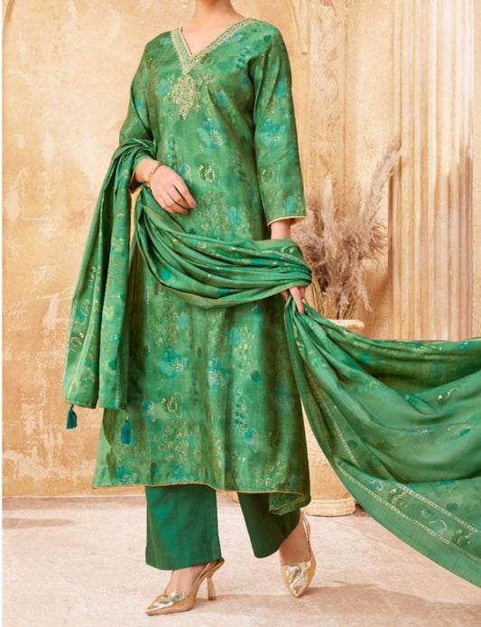 Salvina Modal Muslin with Foil Print Green (Style 1)