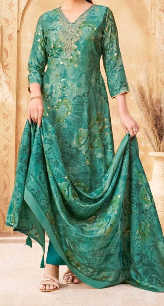 Salvina Modal Muslin with Foil Print Green (Style 2)