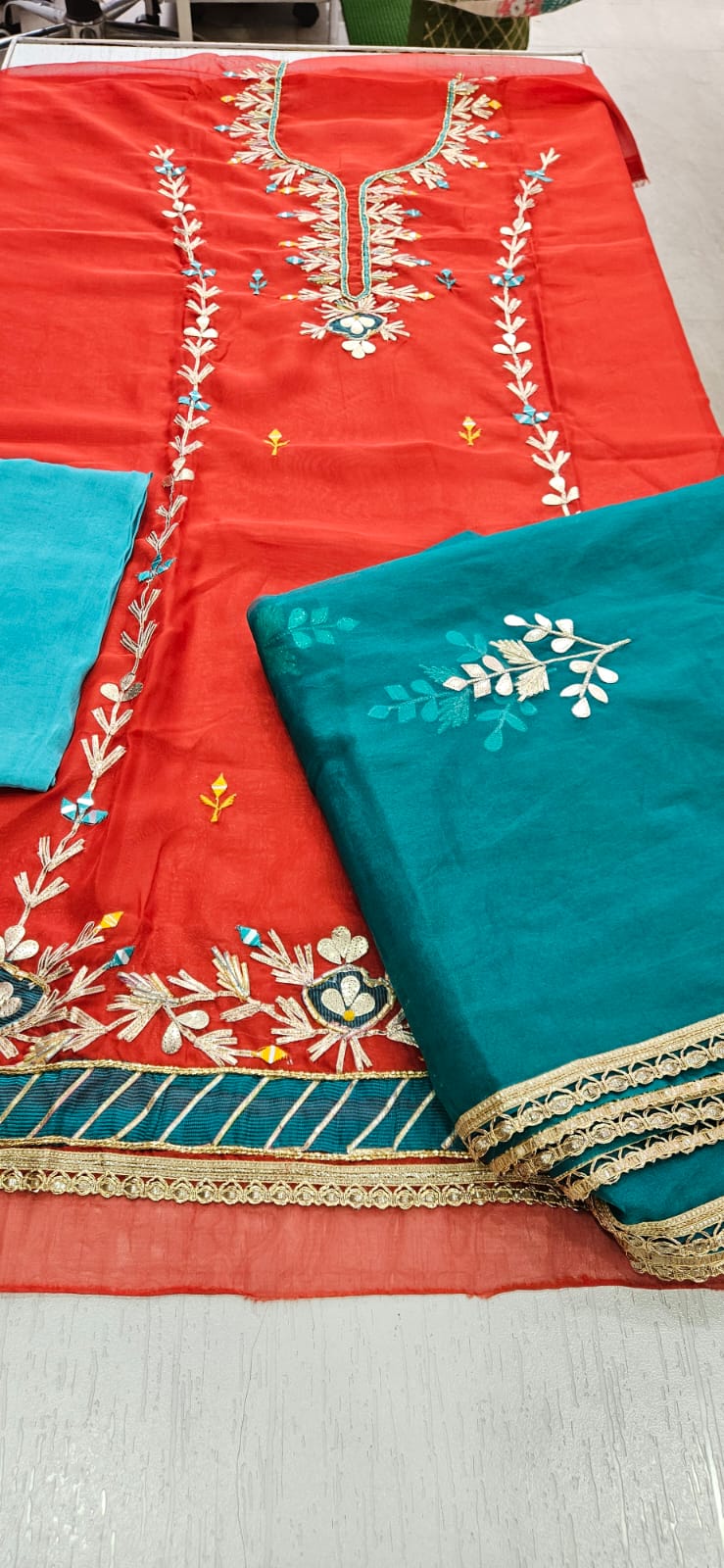Organza Suit with Gota Work (Style 1) Greenish Blue Dupatta