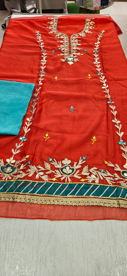 Organza Suit with Gota Work (Style 1) Greenish Blue Dupatta